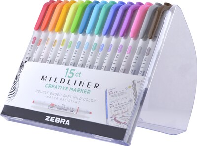 Zebra Mildliner Twin Tip Highlighters, Bullet/Chisel Tip, Assorted Inks, 15/Pack (78115)