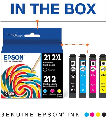 Epson T212 Black High Yield and Cyan/Magenta/Yellow Standard Yield Ink Cartridge, 4/Pack (T212XL-BCS)