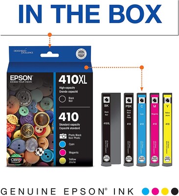 Epson T410XL/T410 Black High Yield and Cyan/Magenta/Yellow/Photo Black Standard Yield Ink Cartridge, 5/Pack (T410XLBCS)