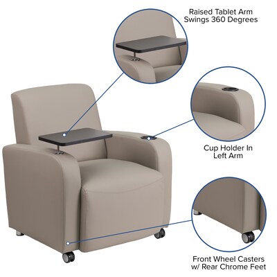 Flash Furniture Leather Guest Chair; Gray w/Tablet Arm, Front Wheel Casters and Cup Holder