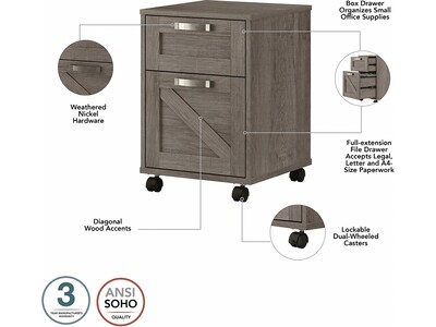 kathy ireland® Home by Bush Furniture 2-Drawer Vertical File Cabinet, Mobile, Letter/Legal, Restored Gray, 17"