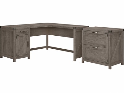 kathy ireland® Home by Bush Furniture Cottage Grove 60 L-Shaped Desk with File Cabinet, Restored Gr