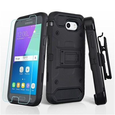 Insten 3-in-1 Hybrid Holster Case (+ Tempered Glass Protector) For Samsung Galaxy Express Prime 2/J3 (2017) - Black