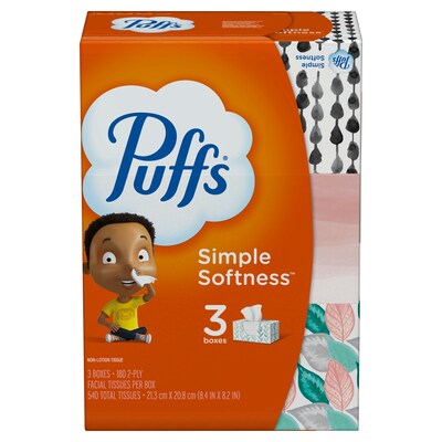 Puffs Basic Standard Facial Tissue, 2-Ply, 180 Sheets/Box, 3 Boxes/Pack (84381/34458)