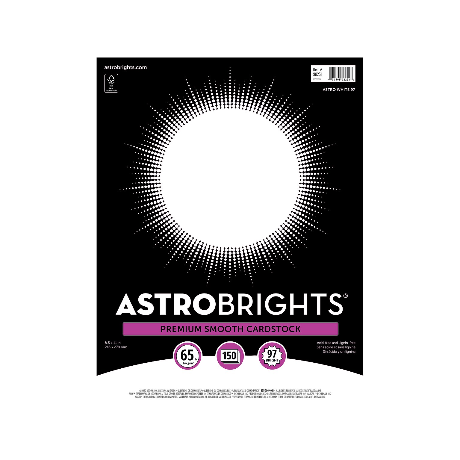 Astrobrights 65 lb. Cardstock Paper, 8.5 x 11, Astro White, 150 Sheets/Pack (98251)