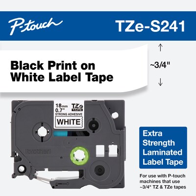 Brother P-touch TZe-S241 Laminated Extra Strength Label Maker Tape, 3/4" x 26-2/10', Black on White (TZe-S241)