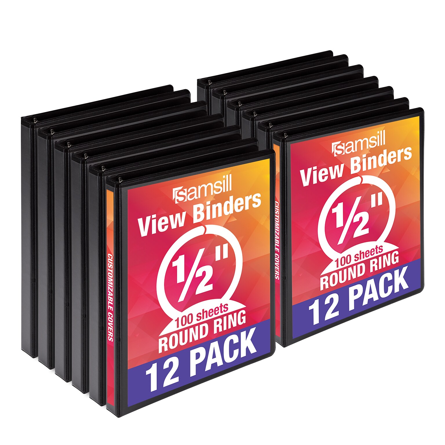 Samsill 1/2 3-Ring View Binders, Black, 12/Pack (I08510C)