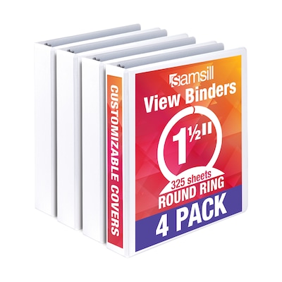 Samsill Economy 1 1/2 3-Ring View Binders, White, 4/pack