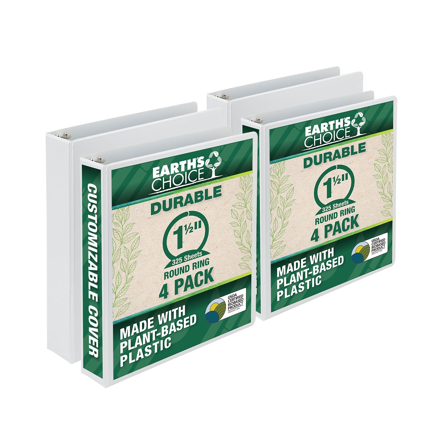 Samsill Earths Choice Plant-Based Durable 1.5 View Binders, 3 Ring Binder, Made in USA, White, 4/Pack (I08957)