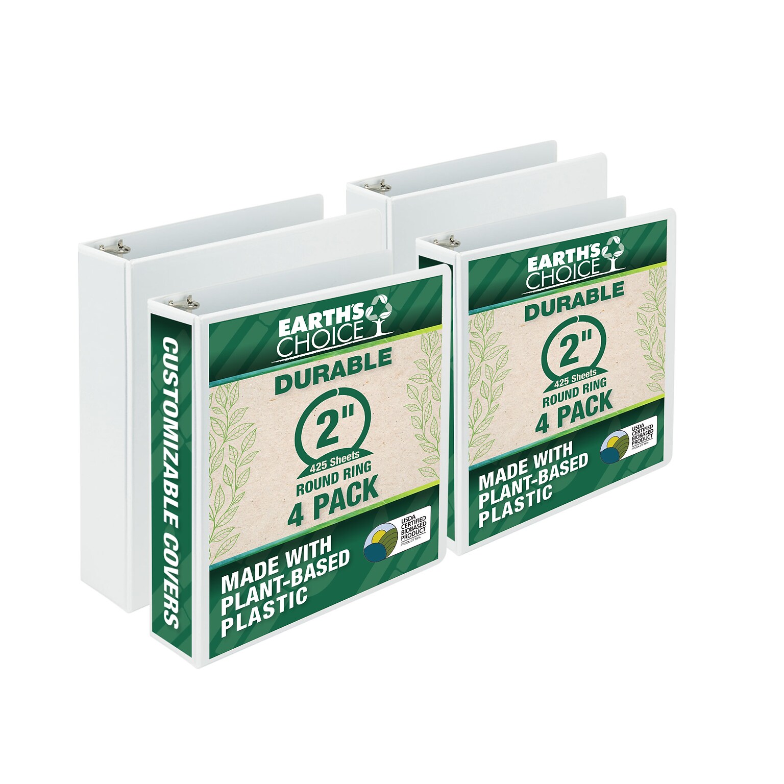 Samsill Earths Choice Plant-Based Durable 2 View Binders, 3 Ring Binder, Made in USA, White, 4/Pack (I08967)