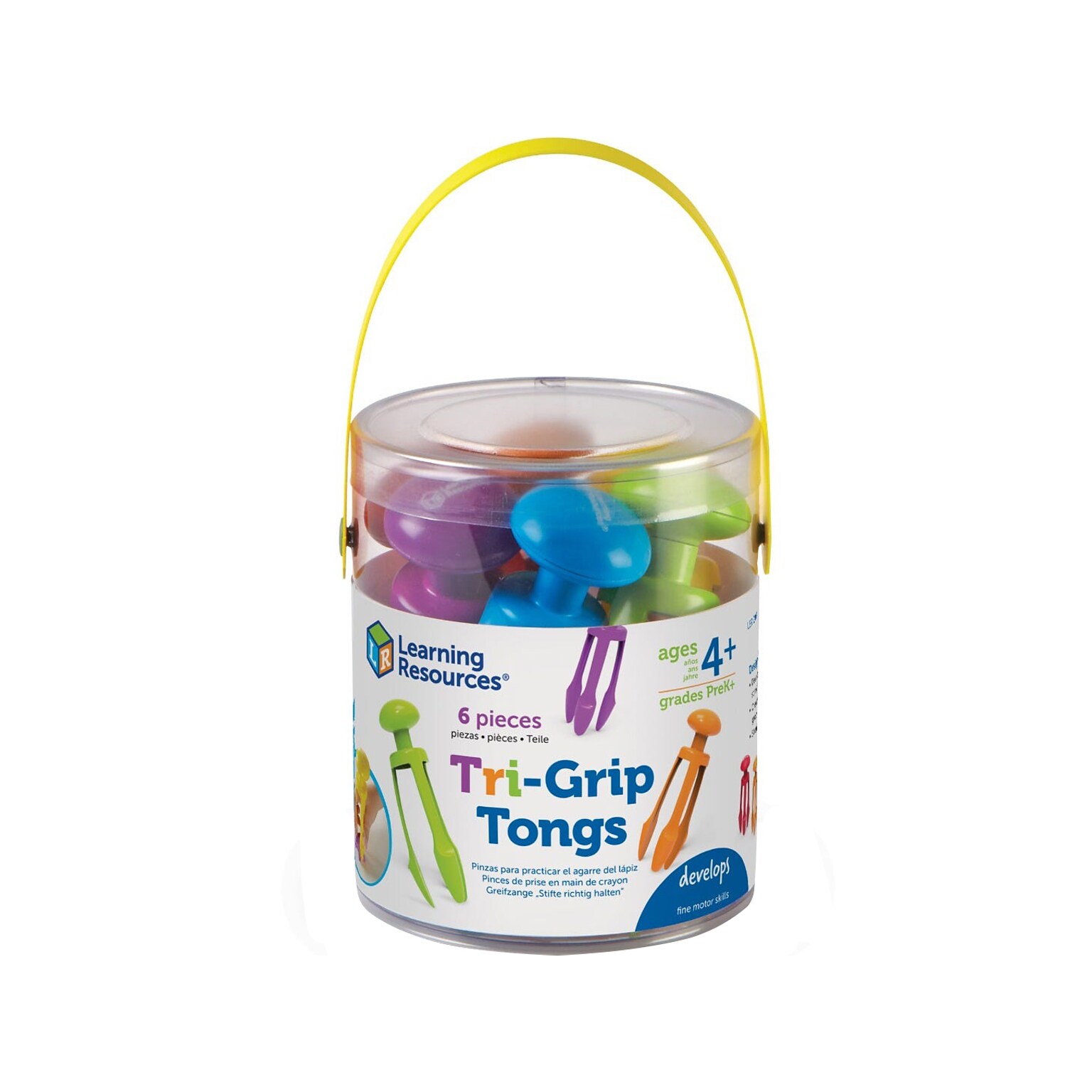 Learning Resources Tri-Grip Tongs, 0.3 x 2.8 x 3.9, Assorted Colors, 6/Pack (LER2964)