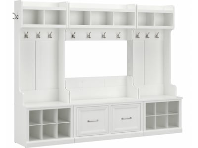 Bush Furniture Woodland Full Entryway Storage Set with Coat Rack and Shoe Bench with Doors, White As