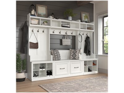 Bush Furniture Woodland Full Entryway Storage Set with Coat Rack and Shoe Bench with Doors, White Ash (WDL013WAS)