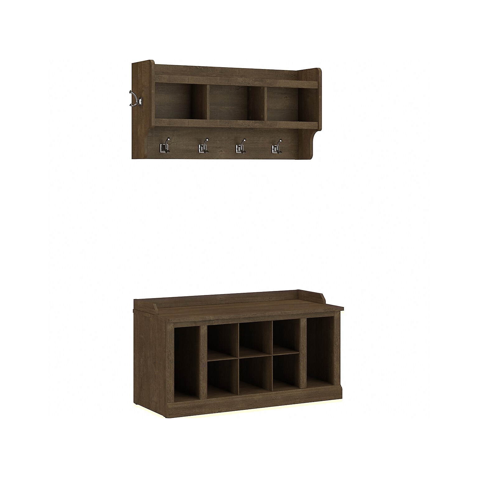 Bush Furniture Woodland 40W Shoe Storage Bench with Shelves and Wall Mounted Coat Rack, Ash Brown (WDL004ABR)