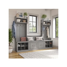 Bush Furniture Woodland Entryway Storage Set with Hall Trees and Shoe Bench with Doors, Cape Cod Gra