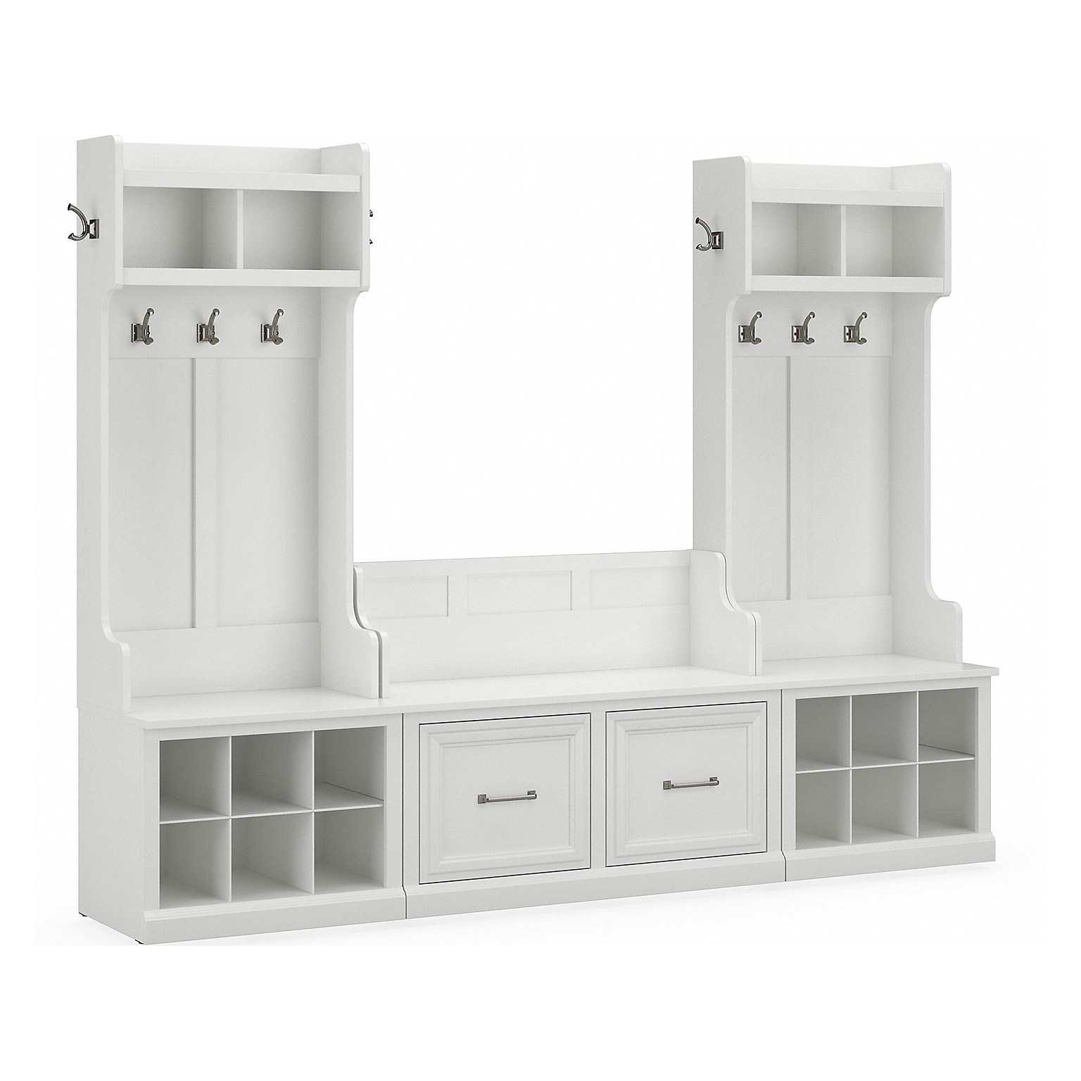 Bush Furniture Woodland Entryway Storage Set with Hall Trees and Shoe Bench with Doors, White Ash (WDL011WAS)