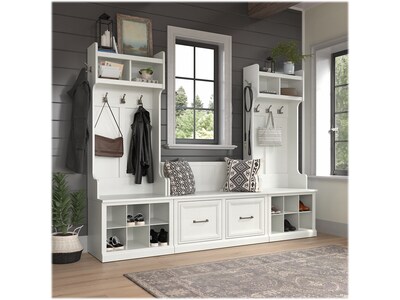 Bush Furniture Woodland Entryway Storage Set with Hall Trees and Shoe Bench with Doors, White Ash (WDL011WAS)