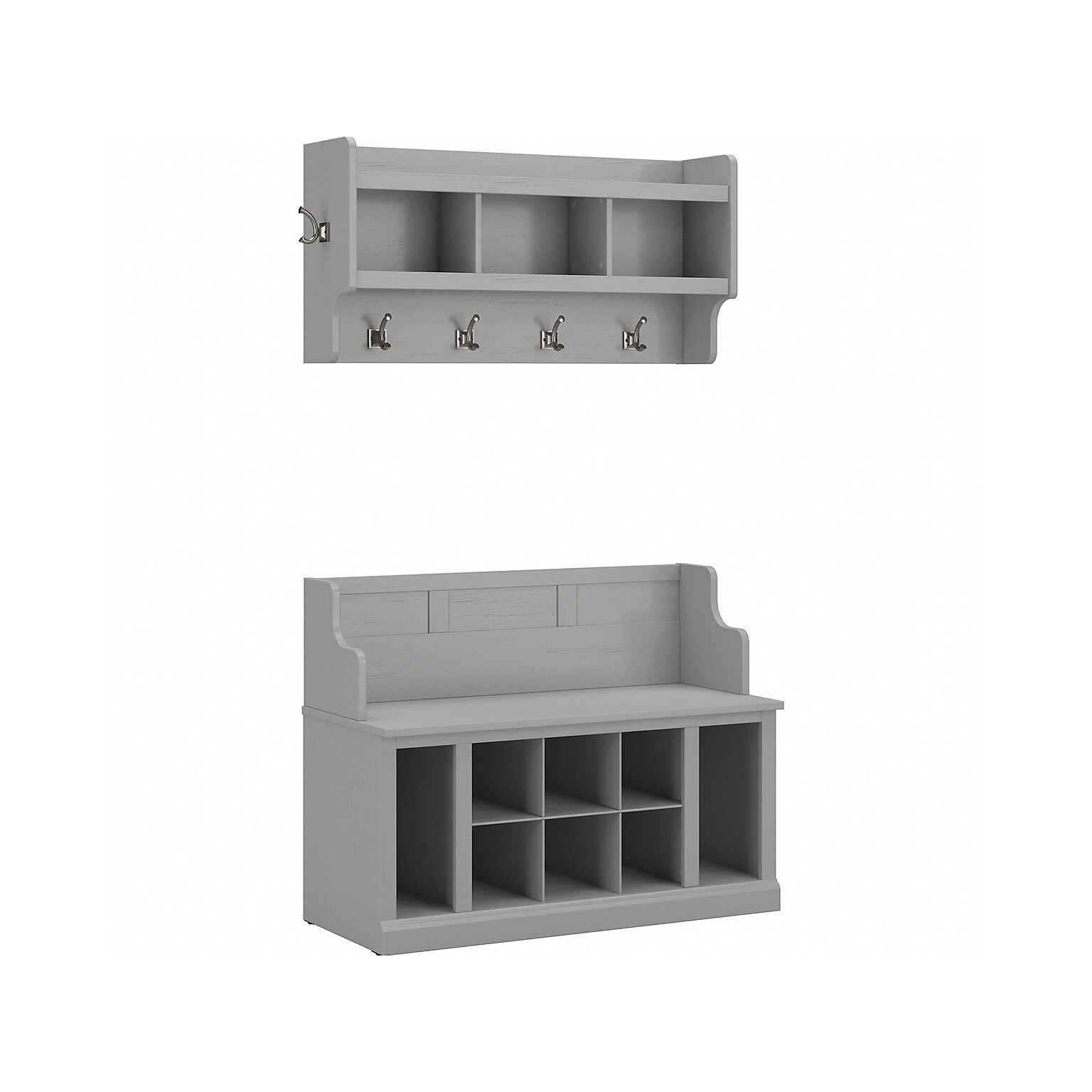 kathy ireland® Home by Bush Furniture Woodland 32 Shoe Storage Bench and Coat Rack with 12 Shelves, Cape Cod Gray (WDL010CG)