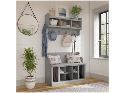kathy ireland® Home by Bush Furniture Woodland 32" Shoe Storage Bench and Coat Rack with 12 Shelves, Cape Cod Gray (WDL010CG)