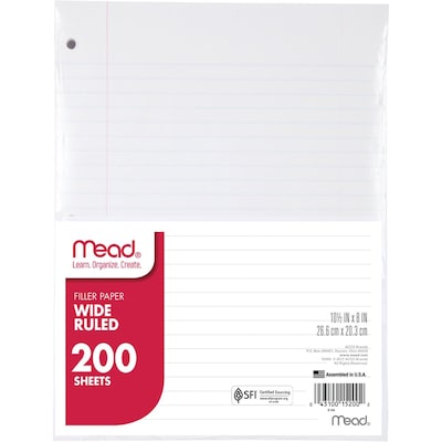 Mead Five Star Wide Ruled Notebook Filler Paper, 10 1/2 x 8, 200 sheets/Pack