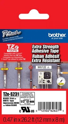 Brother P-touch TZe-S231 Laminated Extra Strength Label Maker Tape, 1/2 x 26-2/10, Black on White