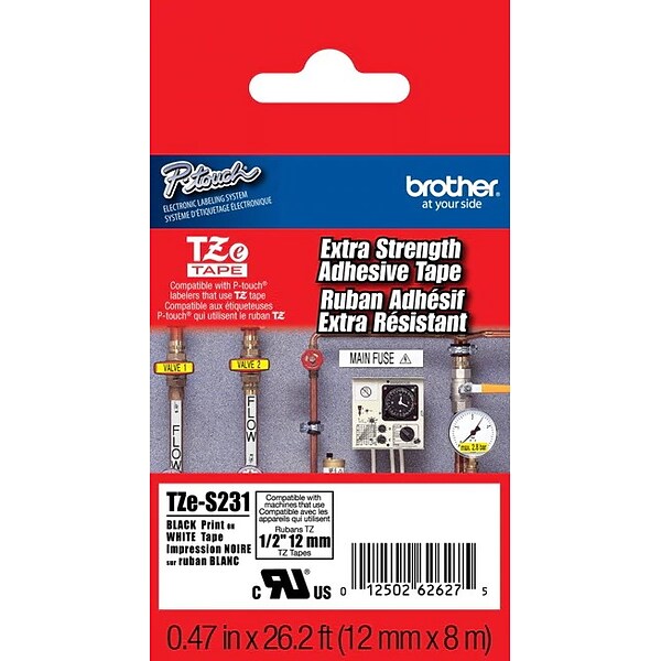 Brother TZ-ES231 Label Maker Tape, 1/2W, Black On White