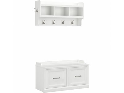 Bush Furniture Woodland 40W Shoe Storage Bench with Doors and Wall Mounted Coat Rack, White Ash (WDL