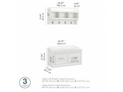 Bush Furniture Woodland 40W Shoe Storage Bench with Doors and Wall Mounted Coat Rack, White Ash (WDL003WAS)