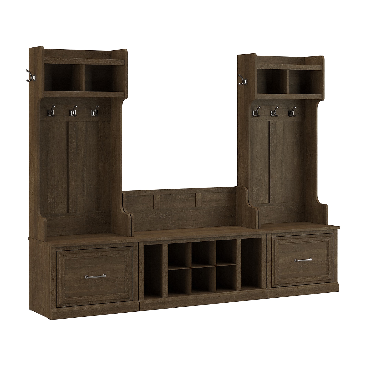 Bush Furniture Woodland Entryway Storage Set with Hall Trees and Shoe Bench with Drawers, Ash Brown (WDL012ABR)