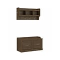 Bush Furniture Woodland 40W Shoe Storage Bench with Doors and Wall Mounted Coat Rack, Ash Brown (WDL