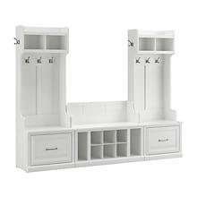 Bush Furniture Woodland Entryway Storage Set with Hall Trees and Shoe Bench with Drawers, White Ash
