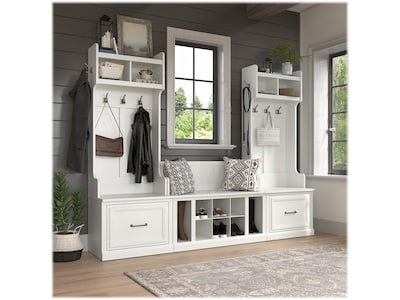 Bush Furniture Woodland Entryway Storage Set with Hall Trees and Shoe Bench with Drawers, White Ash