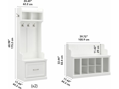 Bush Furniture Woodland Entryway Storage Set with Hall Trees and Shoe Bench with Drawers, White Ash (WDL012WAS)
