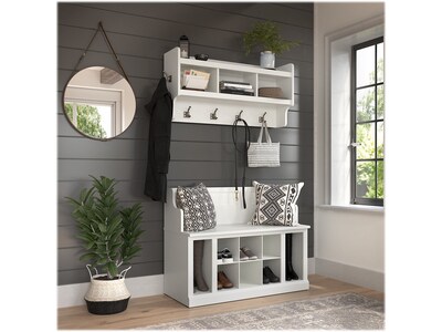 kathy ireland® Home by Bush Furniture Woodland 32" Shoe Storage Bench and Coat Rack with 12 Shelves, White Ash (WDL010WAS)