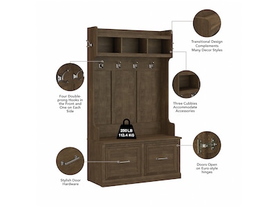 Bush Furniture Woodland 40W Hall Tree and Shoe Storage Bench with Doors, Ash Brown (WDL001ABR)