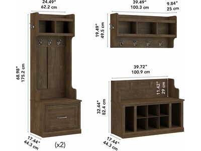 Bush Furniture Woodland Full Entryway Storage Set with Coat Rack and Shoe Bench with Drawers, Ash Brown (WDL014ABR)