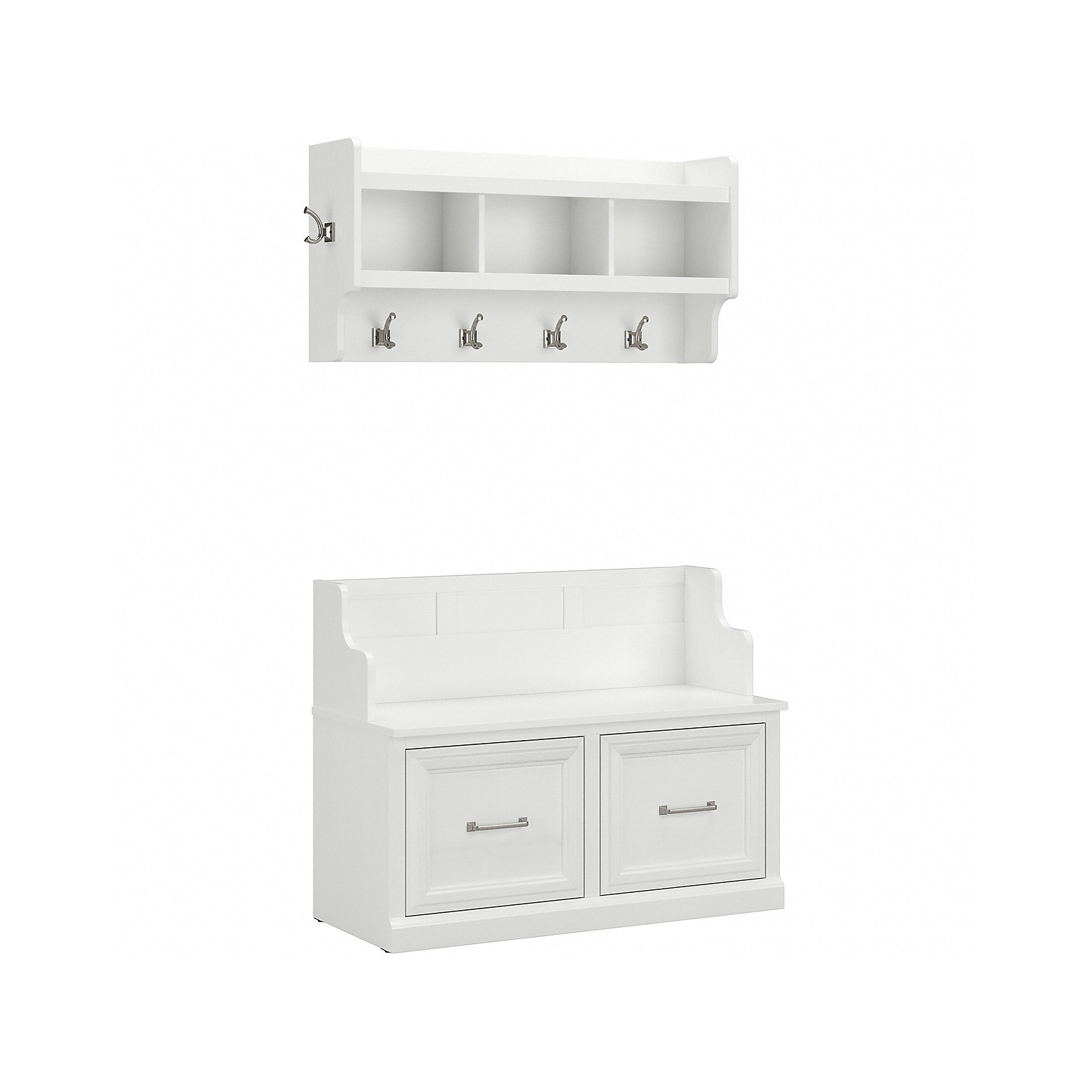 Bush Furniture Woodland 40W Entryway Bench with Doors and Wall Mounted Coat Rack, White Ash (WDL009WAS)