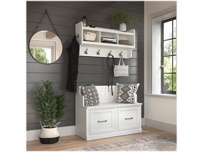 Bush Furniture Woodland 40W Entryway Bench with Doors and Wall Mounted Coat Rack, White Ash (WDL009WAS)