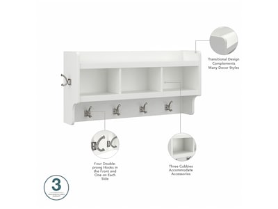 Bush Furniture Woodland 40W Entryway Bench with Doors and Wall Mounted Coat Rack, White Ash (WDL009WAS)