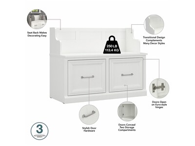 Bush Furniture Woodland 40W Entryway Bench with Doors and Wall Mounted Coat Rack, White Ash (WDL009WAS)