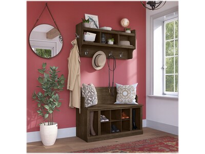 kathy ireland® Home by Bush Furniture Woodland 32" Shoe Storage Bench and Coat Rack with 12 Shelves, Ash Brown (WDL010ABR)