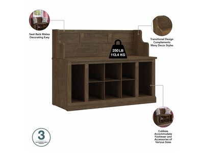 kathy ireland® Home by Bush Furniture Woodland 32" Shoe Storage Bench and Coat Rack with 12 Shelves, Ash Brown (WDL010ABR)