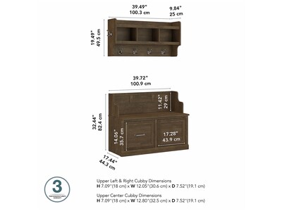 Bush Furniture Woodland 40W Entryway Bench with Doors and Wall Mounted Coat Rack, Ash Brown (WDL009ABR)