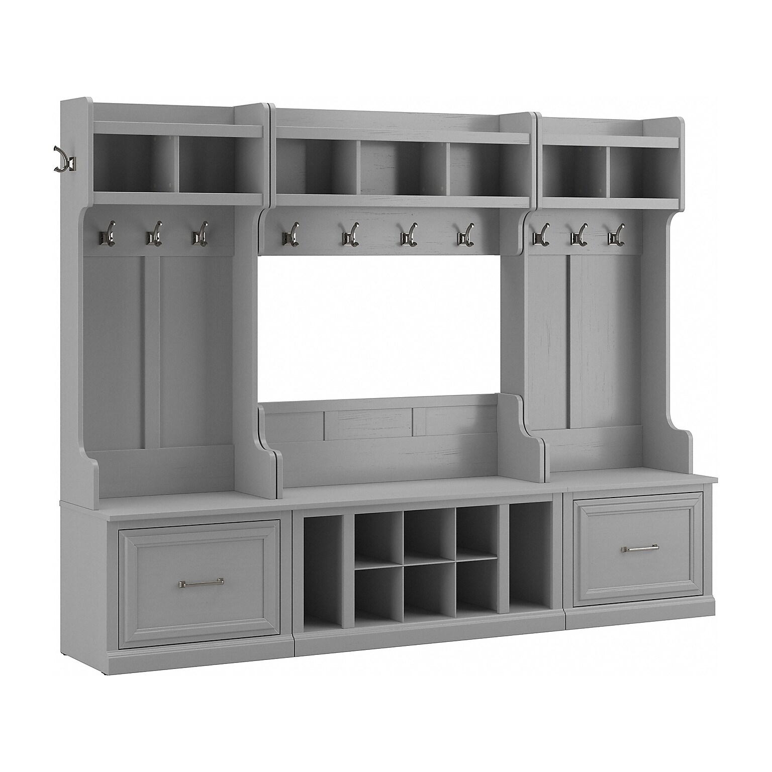 Bush Furniture Woodland Full Entryway Storage Set with Coat Rack and Shoe Bench with Drawers, Cape Cod Gray (WDL014CG)