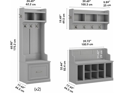 Bush Furniture Woodland Full Entryway Storage Set with Coat Rack and Shoe Bench with Drawers, Cape Cod Gray (WDL014CG)