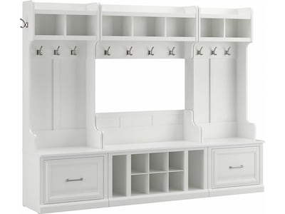 Bush Furniture Woodland Full Entryway Storage Set with Coat Rack and Shoe Bench with Drawers, White