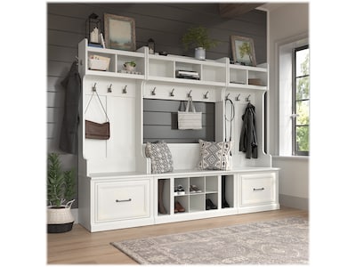 Bush Furniture Woodland Full Entryway Storage Set with Coat Rack and Shoe Bench with Drawers, White