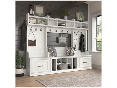 Bush Furniture Woodland Full Entryway Storage Set with Coat Rack and Shoe Bench with Drawers, White