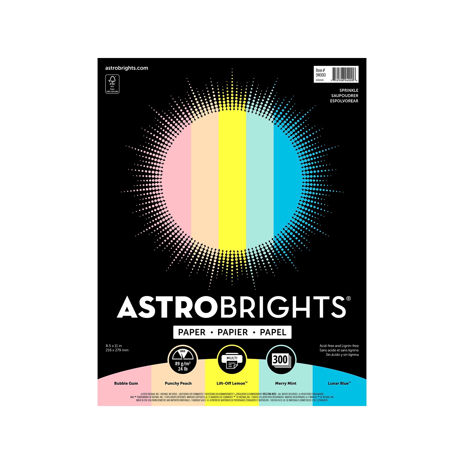Astrobrights Colored Paper, 24 lbs,  8.5 x 11,  Assorted Sprinkle Colors, 300 Sheets/Pack (94000)