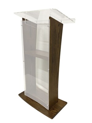 Amplivox 48H Frosted H Style Acrylic with Medium Walnut Sides and Floor Panel Lectern, Translucent Finish (SN350017)